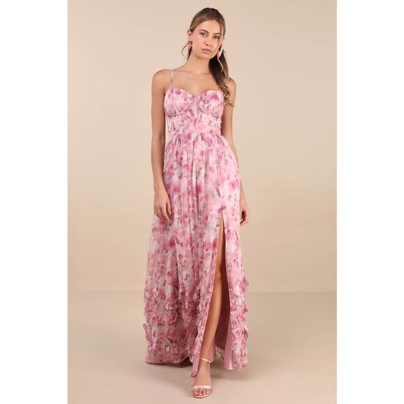 Lulus Dresses & Skirts - NWT Lulus Novella Pink Floral Ruffled Bustier Lace-Up Maxi Dress Gala Size S